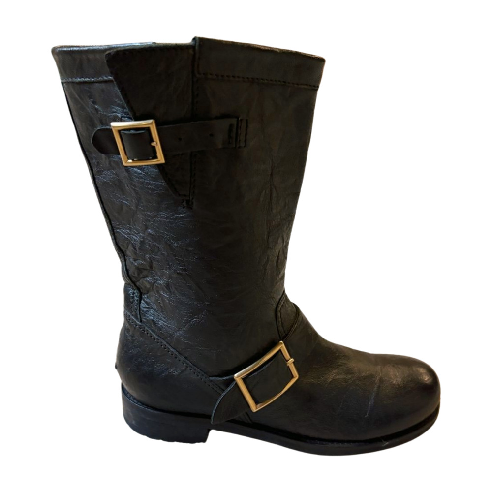 Jimmy Choo Black Biker Leather Boots with Gold plated trim - Size 7.5 / 38